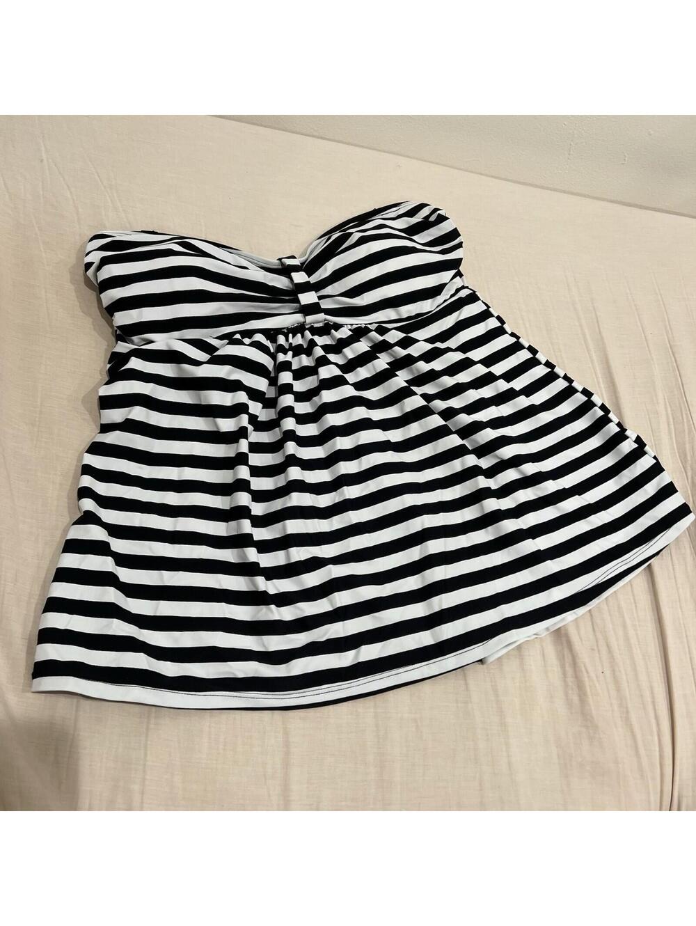 Women’s Plus Size 4XL Black White Striped Tankini Swim Top Empire Waist Peplum